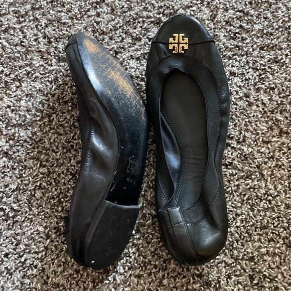 Tory Burch Jolie Ballet Flat Elastic Black Leather Patent Gold - Picture 5 of 11